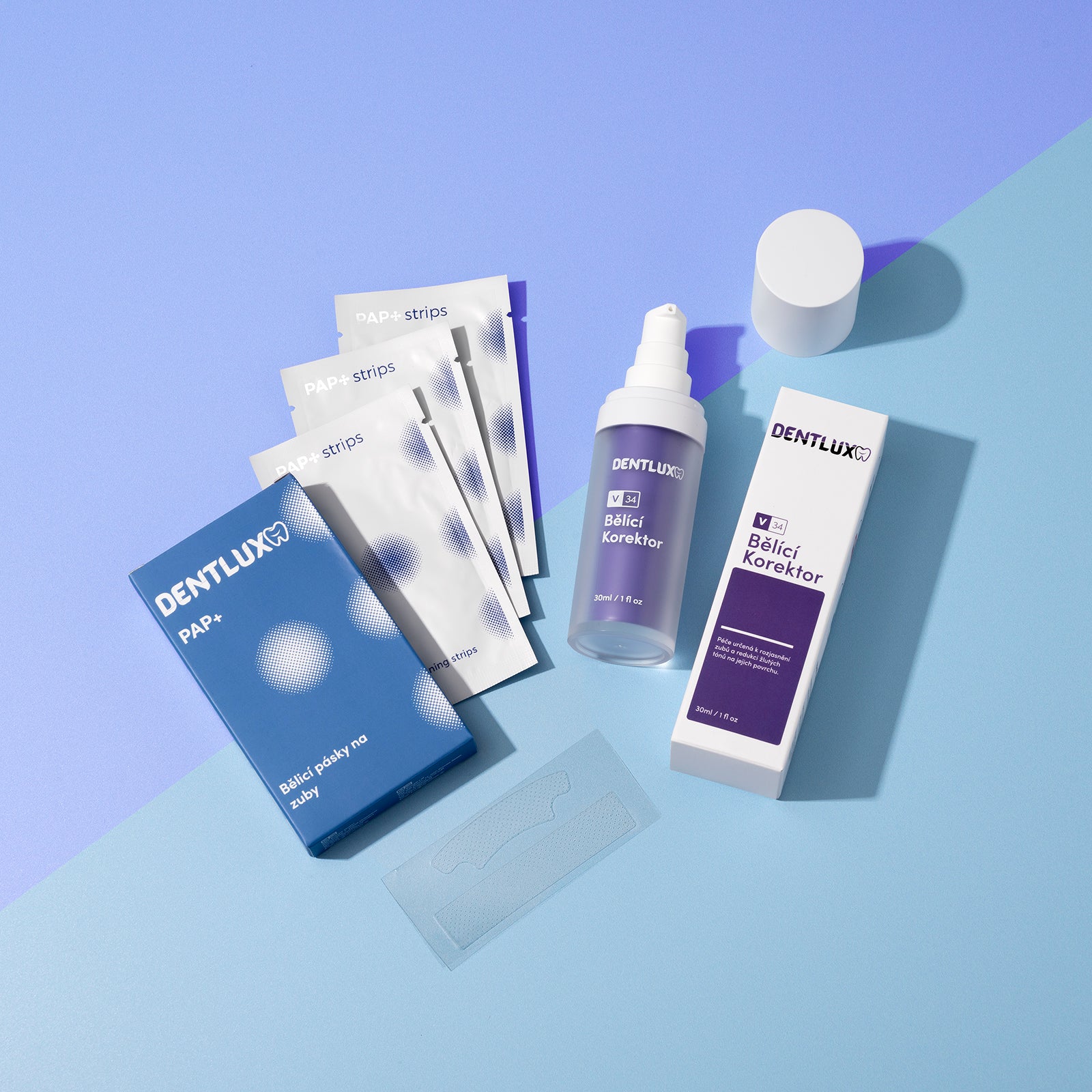 Dentlux PAP+ Bělící pásky na zuby + V34 Bělící Korektor - Dentlux