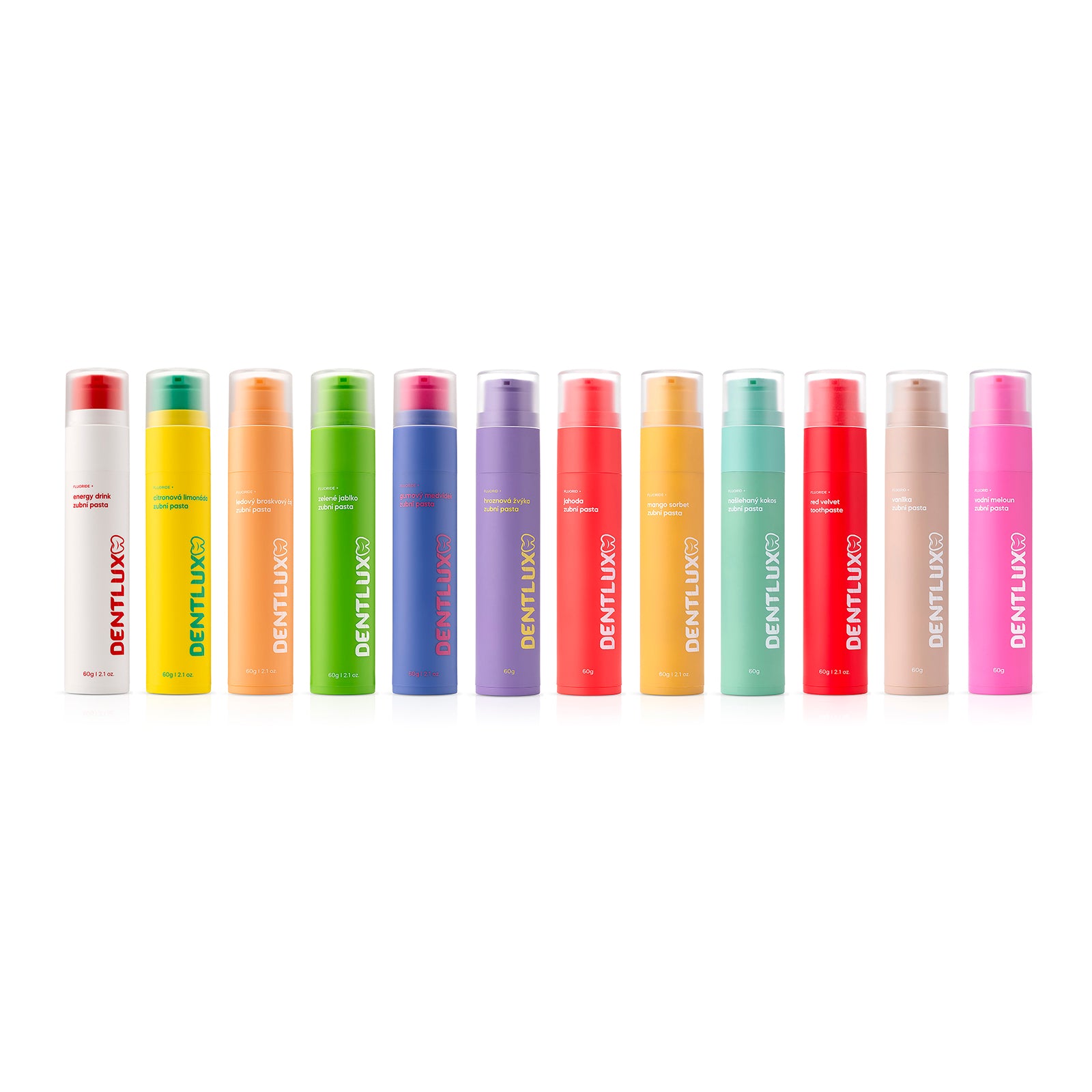 Dentlux balíček 12 ochucených zubních past + 4 nanokartáčky zdarma