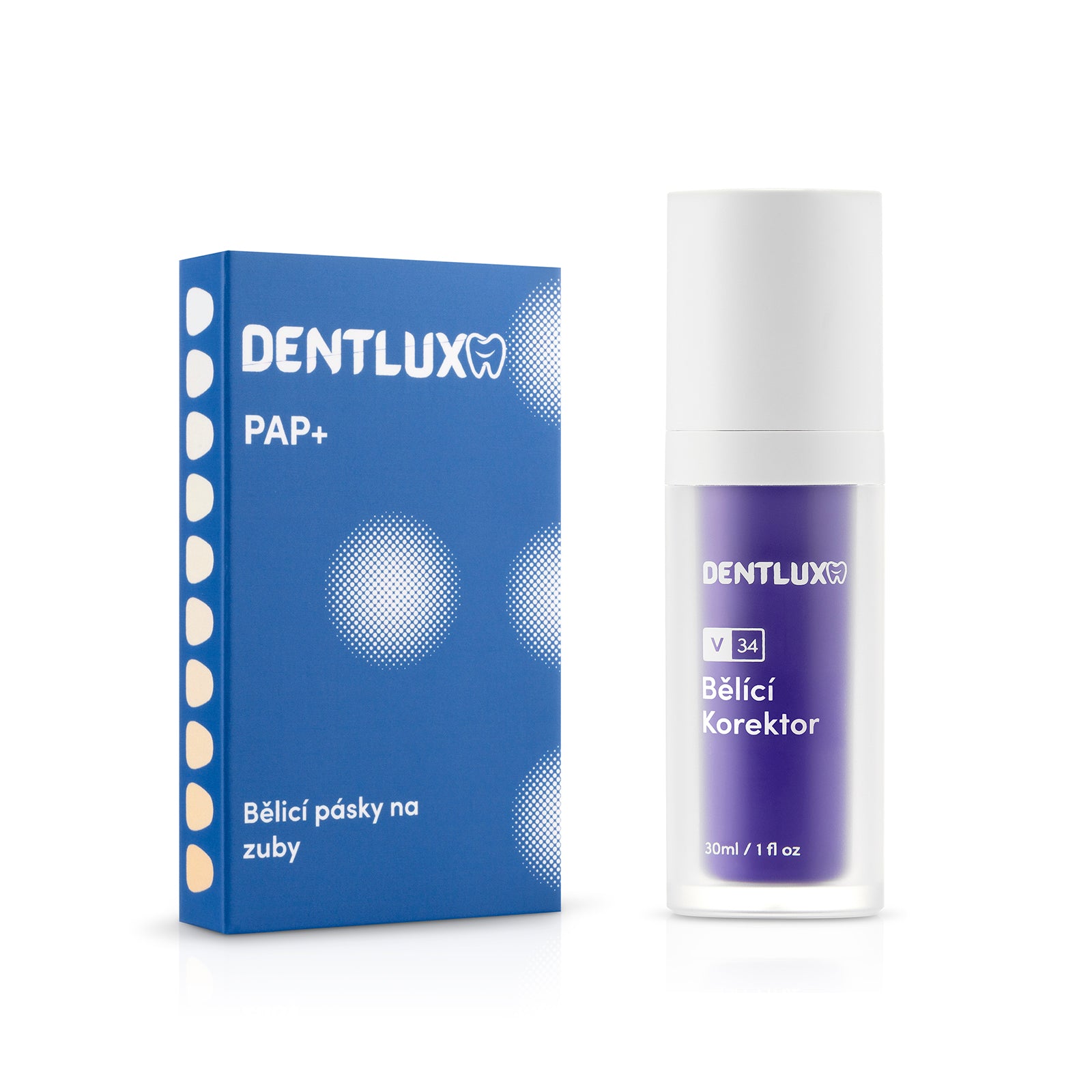 Dentlux PAP+ Bělící pásky na zuby + V34 Bělící Korektor - Dentlux