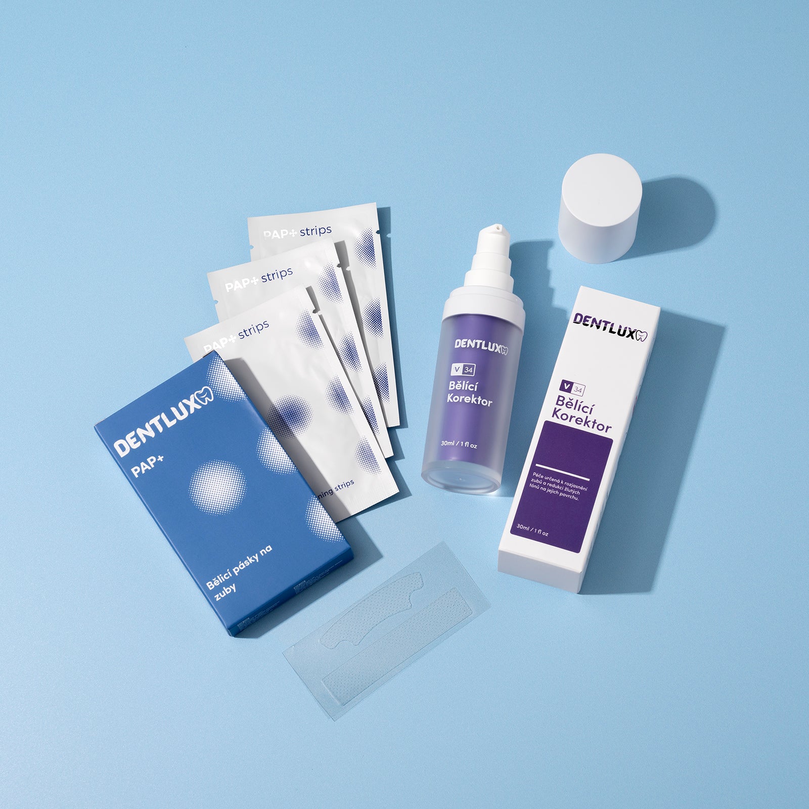 Dentlux PAP+ Bělící pásky na zuby + V34 Bělící Korektor - Dentlux