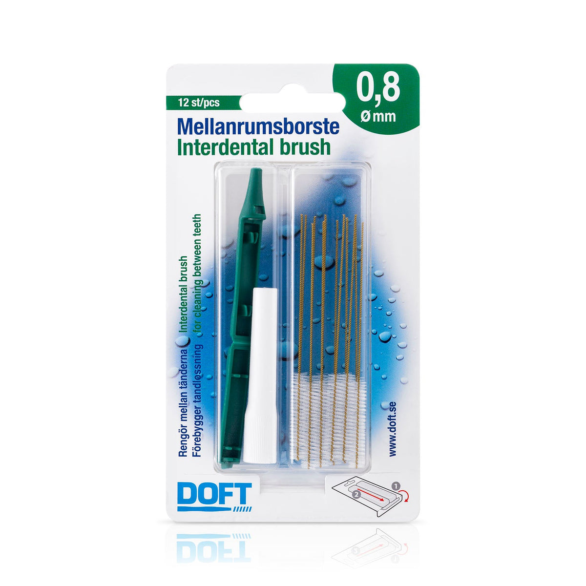 DOFT mezizubní kartáčky 0,8 mm zelené – 12 ks, držák a krytka